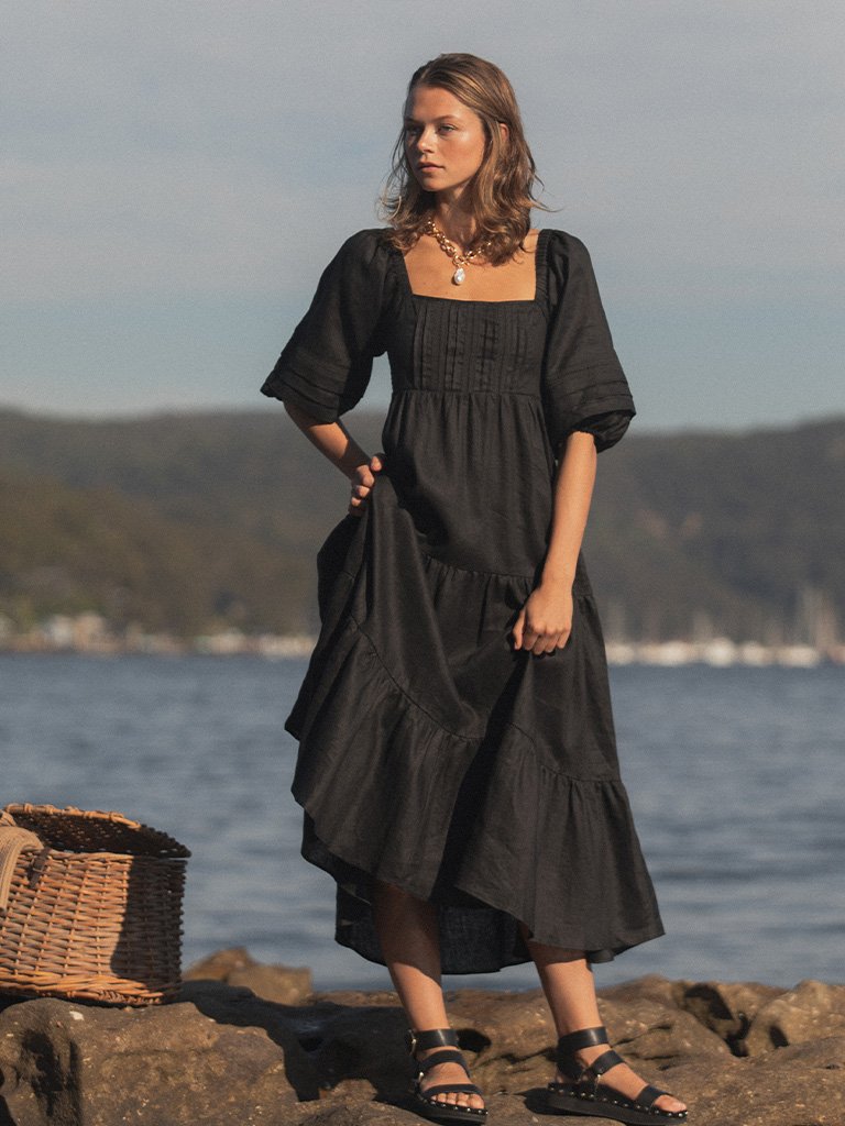 Elysian Collective Kivari Lola Luxe Linen Maxi Dress Black