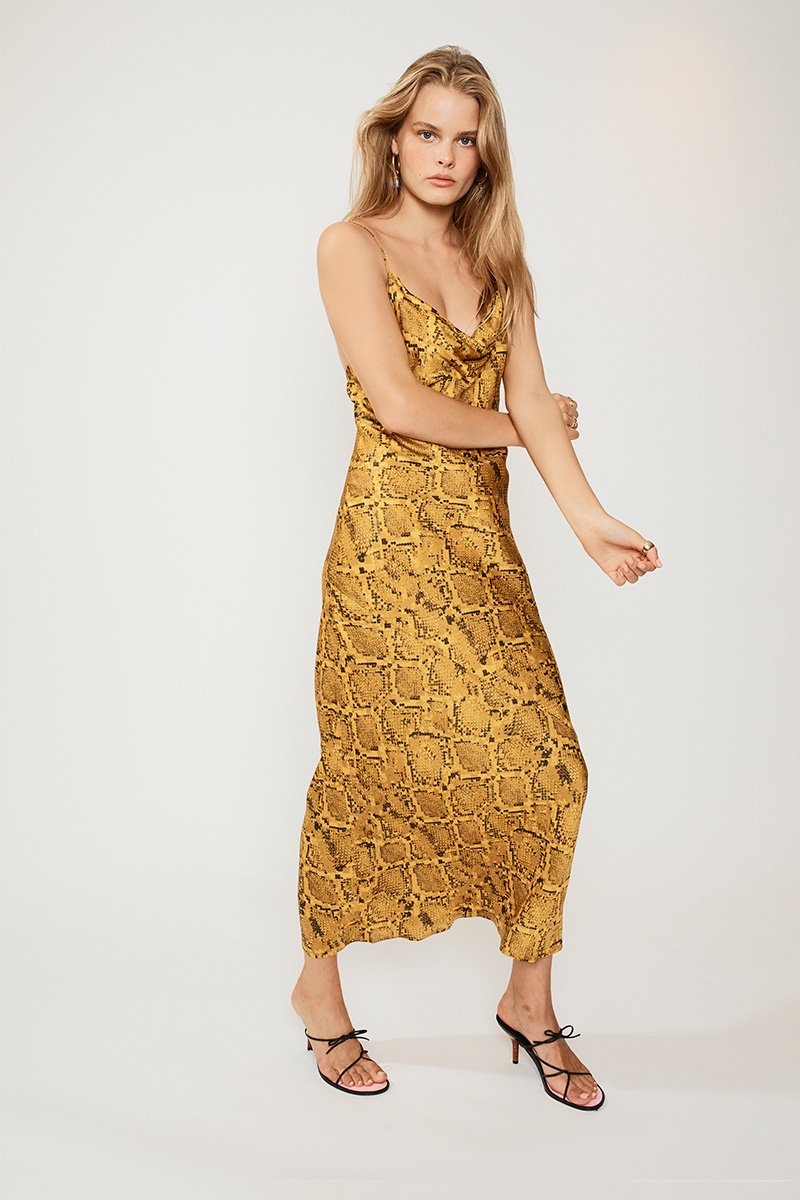 SUBOO - Rae Cowl Neck Slip Dress (Yellow Snake)