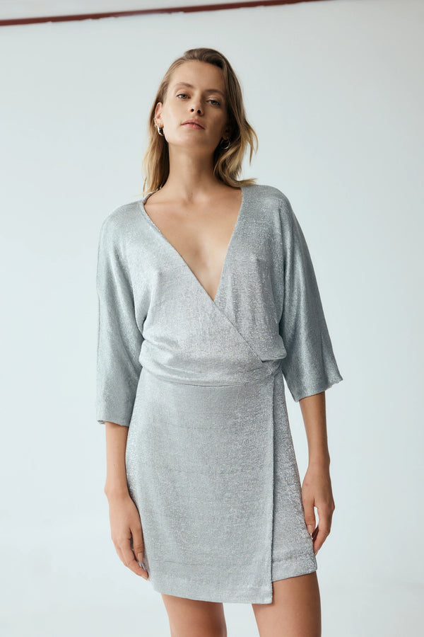 Elysian Collective Third Form Heavy Metal Knit Wrap Dress (Silver)